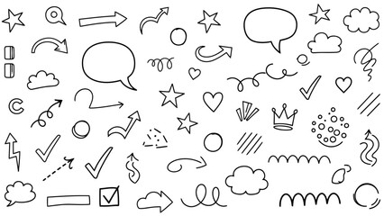 Hand-drawn Doodles and Icons: Arrows, Stars, Clouds, Hearts, and Speech Bubbles