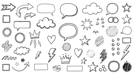 Collection of Hand-Drawn Doodle Elements: Stars, Clouds, Hearts, Arrows, and Speech Bubbles