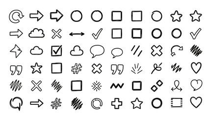 Collection of Hand-Drawn Doodle Icons: Arrows, Stars, Shapes, Hearts, and More