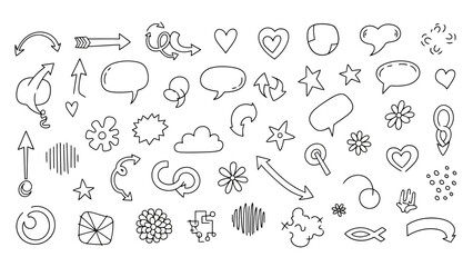 Collection of Hand-Drawn Doodle Elements, Arrows, Hearts, Flowers, and Speech Bubbles