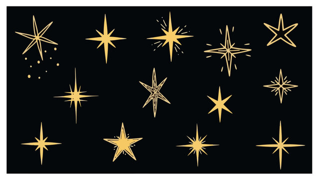 Collection of Golden Doodle Starbursts and Sparkles on Black Background
