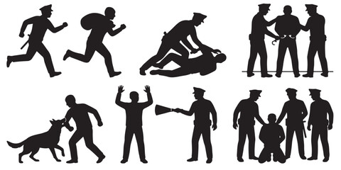 Collection of police officers apprehending suspects and performing law enforcement duties, depicted as black silhouettes.