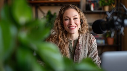 Woman recording podcast in home studio.