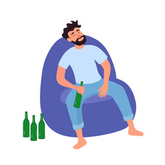 Drunk man sleeping on sofa. Alcohol bottles on the floor. Alcohol addiction.