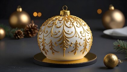 Elegant white Christmas ornament with intricate gold scrollwork and festive tree designs, displayed on a dark base with bokeh lights