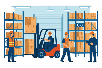 Warehouse workers operating forklift and organizing boxes on storage shelves in logistics facility, flat vector illustration