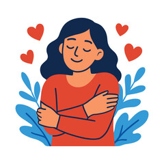 Woman expressing positive emotion with self hug surrounded by hearts and decorative leaves showing self love and wellbeing, flat vector illustration