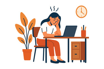Woman feeling stressed and overwhelmed while working on laptop at desk in home office environment, flat vector illustration