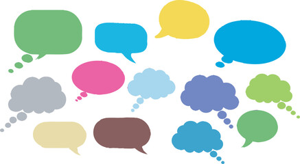 Colorful speech bubbles and thought balloons floating on a clean white background illustrating communication