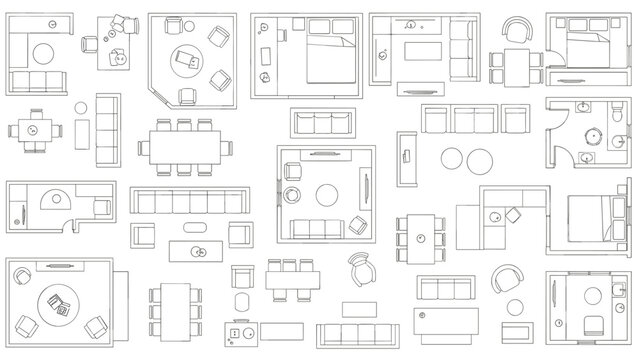 Dining Room Furniture Plan View Vectors, Round and Oval Table Sets with Chairs, Architectural Floor Plan Layout Symbols