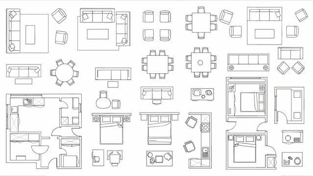 floor plan furniture symbol, top view, vector outline, black on white, technical drawing, architectural cad block style, clean geometry, no shading