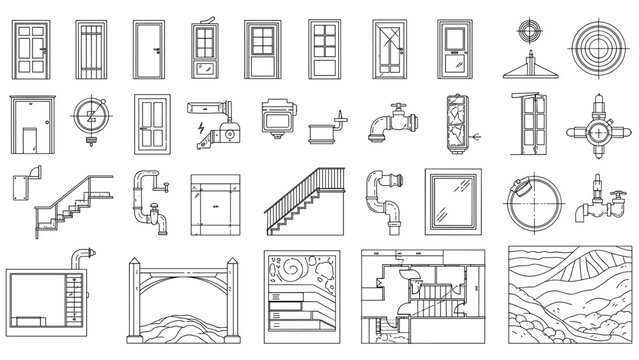 Architectural Door and Window Plan Symbols, Construction Blueprint Elements, Sliding and Swing Door Vector Icons.