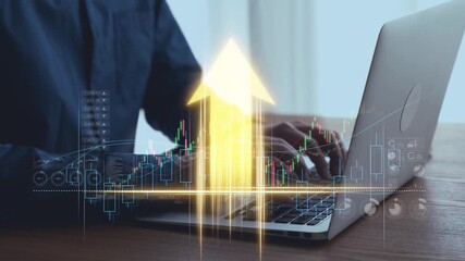 A business person is engaged with their laptop, surrounded by digital financial charts and an upward trend arrow, highlighting growth and success in the digital economy. Qubit - Powered by Adobe