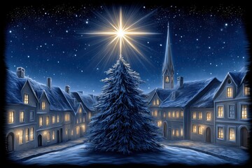 A Christmas tree is lit up in a small town. The image has a warm and cozy feeling, with the Christmas tree being the focal point of the scene. The houses in the background are lit up