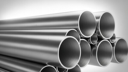 Seamless metal pipes stacked together in a pile, industrial material, close-up view