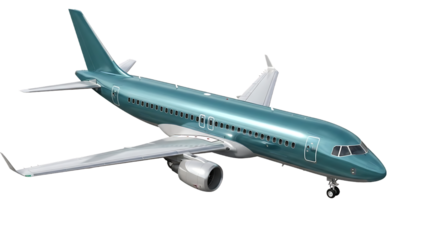 Modern passenger airplane with teal livery, isolated on transparent background
