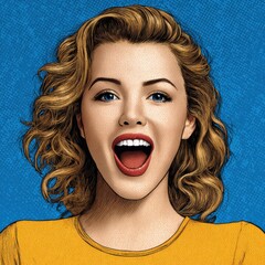 A woman with a yellow shirt and blonde hair is smiling and has her mouth open. The image has a fun and lighthearted mood, with the woman's smile and the bright colors of her shirt