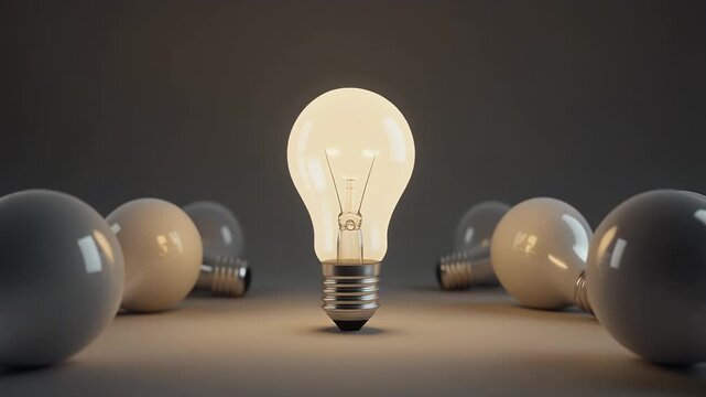 Glowing Lightbulb among White Lightbulbs on a Dark Background Idea Concept