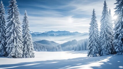 Snow covered evergreen trees and a winter landscape with distant mountains