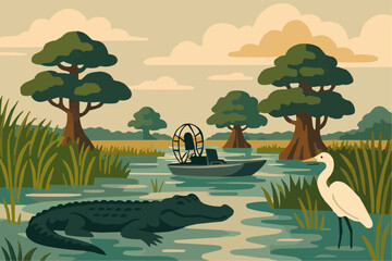 Florida Everglades Style Wetland Landscape Flat Vector
