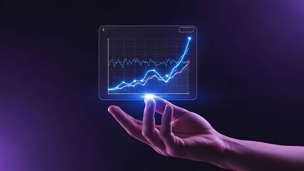Hand holding a glowing futuristic digital screen displaying a rising stock market graph.