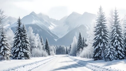 Snowy mountain landscape with evergreen trees and a winding road in winter