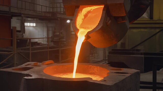 Pouring Molten Metal into Mold Orange Liquid Sparks Heat Industrial Foundry