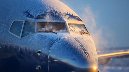 Frozen airplane cockpit gleaming in the winter sun. Ice coats the windshield and fuselage, while the sky offers a clear blue backdrop, symbolizing resilience and readiness.