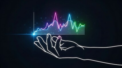 Abstract neon graph held in outline hands against dark background.