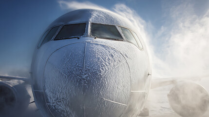 Frozen airplane nose, gleaming in the cold weather. The windows are visible above, with icy mist surrounding the aircraft. A chilling reminder of winter's grip, and aviation's resilience.
