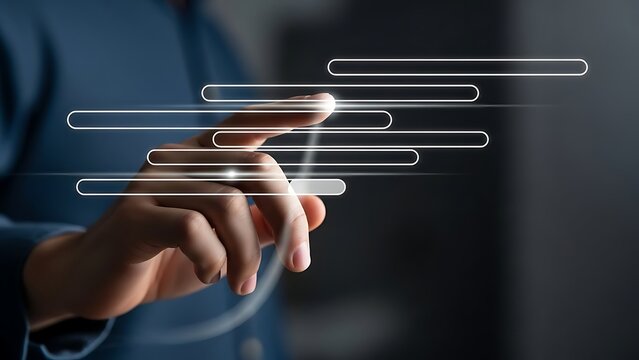 Person s hand interacting with futuristic digital interface and glowing bars. - Powered by Adobe