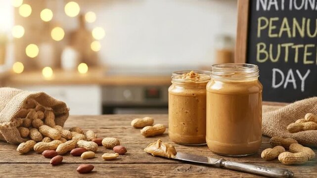 A warm and inviting still life features two jars of both creamy and chunky peanut butter prominently displayed on a rustic wooden table. Scattered peanuts, some in their shells and others shelled, spi
