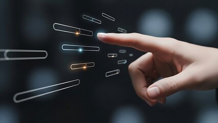 Close up of a finger touching a futuristic digital interface screen.
