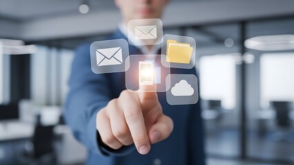 Businessman interacting with digital interface of cloud services and applications.