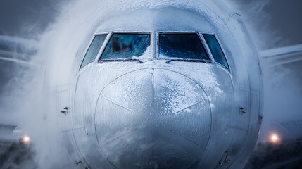 Frontal view of an airplane undergoing de-icing in cold weather conditions, with ice covering the fuselage and cockpit windows. The aircraft is prepped for safe takeoff.