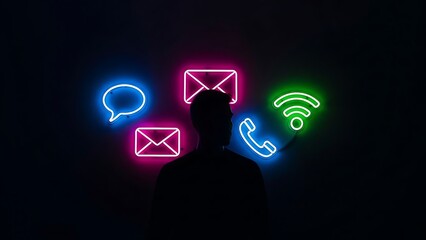 Silhouette of a person surrounded by colorful neon communication icons.