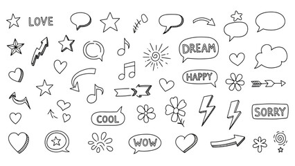 Hand-Drawn Doodle Elements: Hearts, Stars, Speech Bubbles, and Arrows Set