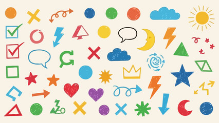 Collection of Hand Drawn Doodle Icons and Symbols in Various Colors and Shapes