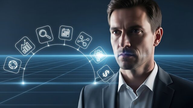 Focused businessman contemplates digital future with futuristic technology interface. - Powered by Adobe