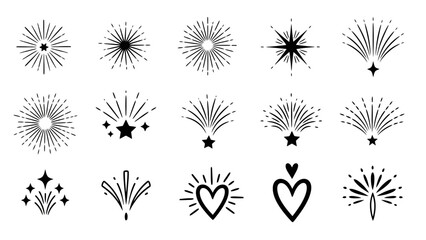 Collection of Hand-Drawn Starbursts, Fireworks, and Heart Symbols for Design