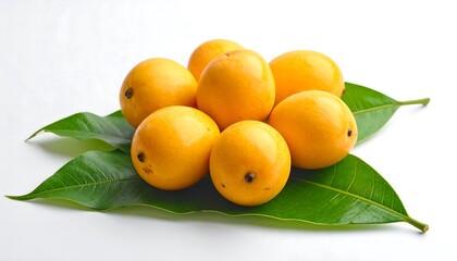 A cluster of ripe, yellow fruits arranged on fresh, green foliage against a white background