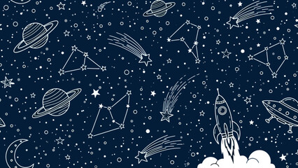 Seamless Space Pattern: Stars, Planets, Rockets, and UFOs on Dark Blue Background © warhan
