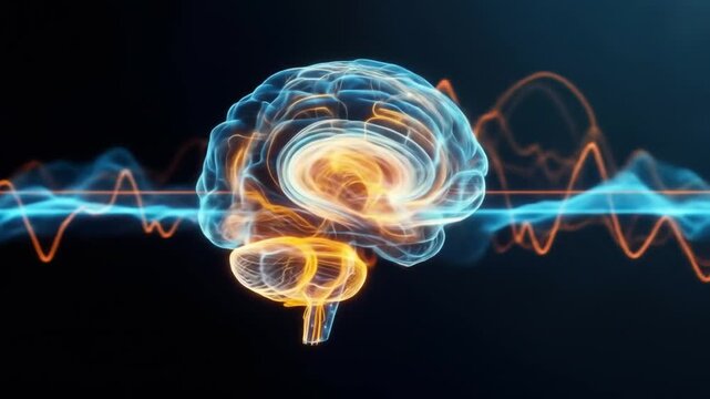 Transparent brain image with blue and orange sine wave data streams against a black background