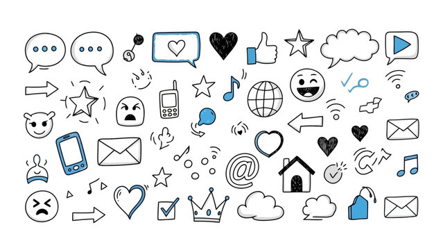 Collection of social media icons and symbols, hand-drawn doodle style
