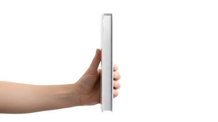 Hand holding a white book mockup isolated on transparent background