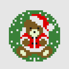 Retro Santa Bear with Christmas Wreath Design in Isometric Pixel Retro Style with Simple Shading