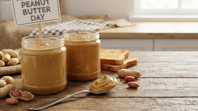 An appetizing close-up showcases smooth, creamy peanut butter in glass jars, artfully displayed alongside whole and shelled peanuts on a rustic wooden table. Nearby, perfectly toasted bread slices awa