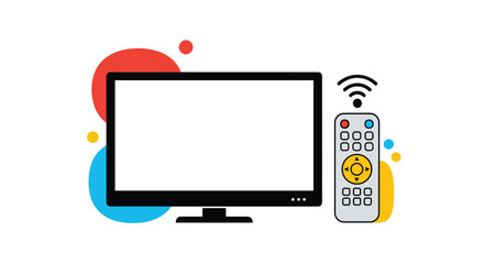 Flat design illustration of a modern widescreen television with a blank white screen and a remote control emitting a wireless signal, set against colorful circles on a white background.