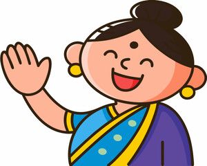 A cheerful cartoon illustration of a woman in traditional indian attire waving
