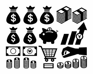 Financial icons depicting money bags stacks of cash and wealth accumulation